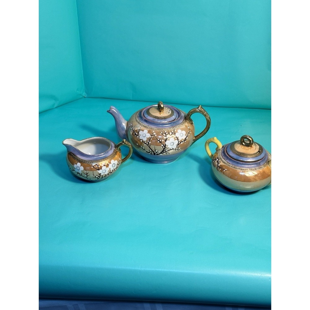 Vintage Japan Lusterware Tea Set Peach Blue Cherry Blossom Iridescent 1930s